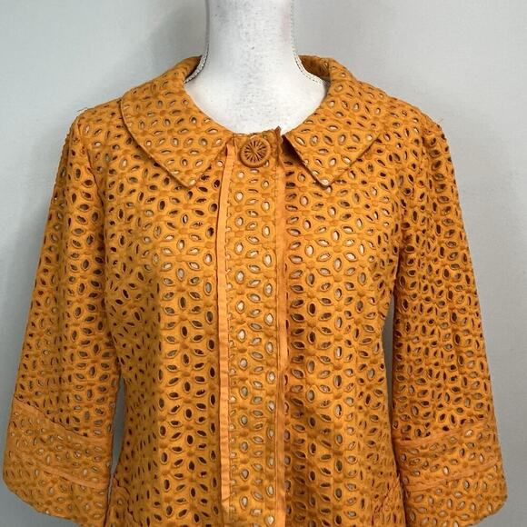 Chico's Blazer Jacket size 1 8/10 Orange Linen Eyelet Boho Wedding Church Boho - Picture 2 of 12